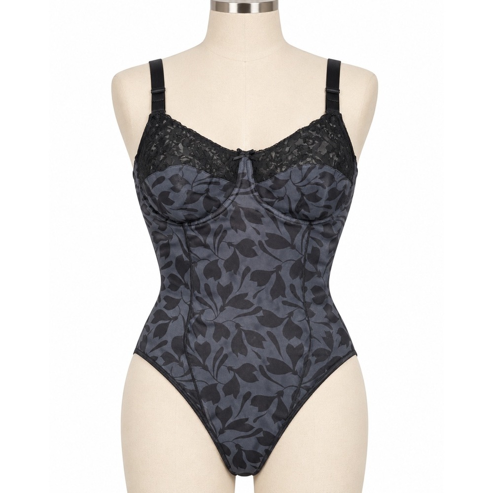 Vintage Vanity Fair 38C Black Floral Lace Bodysuit Shapewear Teddy Made Canada